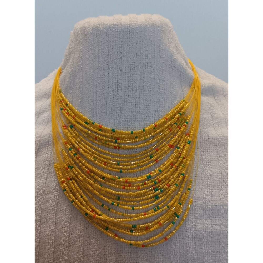 Yellow Green & Orange Multistrand Seed Bead Statement Necklace 16-22 in